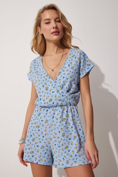 Happiness İstanbul Dámská nebesky modrá kombinéza se vzorovaným límečkem UB00065