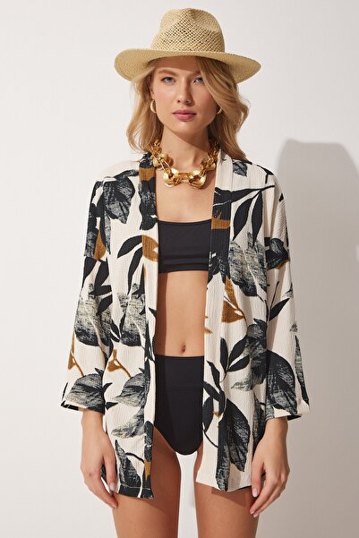 Happiness İstanbul Dámské černé krémové vzorované dlouhé kimono viskózové letní kimono DD01204