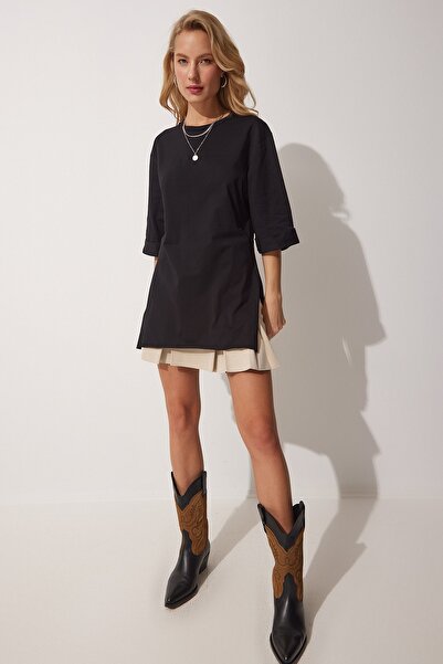 Happiness İstanbul Γυναικείο μπλουζάκι με μαύρη πλαϊνή κοτσίδα Oversize χτενισμένο βαμβακερό μπλουζάκι NJ00121