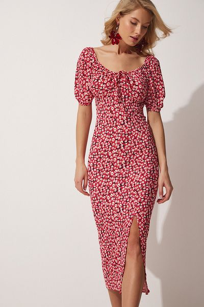 Happiness İstanbul Dunkelrosa Damen-Sommerstrickkleid mit Carmenkragen und Schlitz FF00113