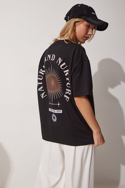 Happiness İstanbul Women's Black Printed Oversize Knitted T-Shirt ZV00264