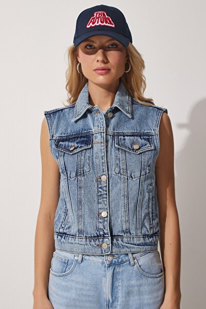 Happiness İstanbul Women's Blue Denim Vest with Pocket Detail RV00106