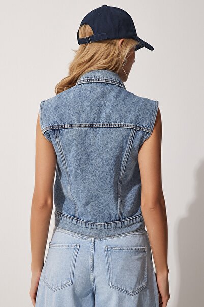 Happiness İstanbul Women's Blue Denim Vest with Pocket Detail RV00106