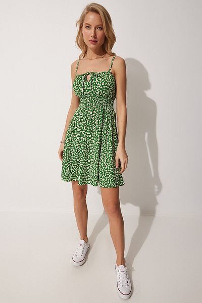 Happiness İstanbul Mini rochie tricotată de vară cu bretele, verde, florale, pentru femei FF00112