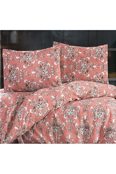 Romans Çift Kişilik Nevresim Takımı Çiçek Desenli Somon Renkli