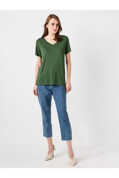 LC Waikiki Women's Green T-Shirt V-Neck Solid Green Short Sleeve Basic from Your Fashion Style