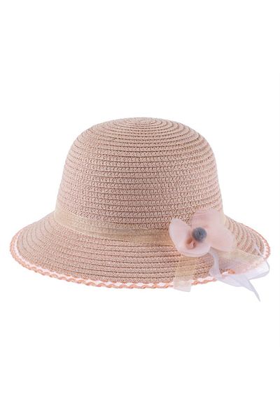 Soft and Baby Girl's Straw Hat 3-10 Years with Bow and Flower Detail