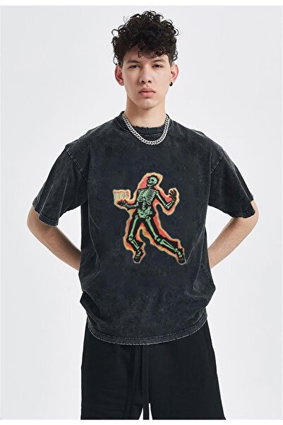 Touz Tricou vintage oversize unisex cu imprimeu cu schelet în flăcări lavabil