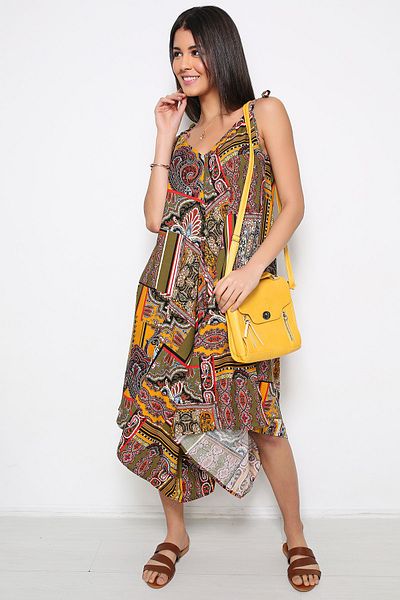 AVORWE V-Neck Asymmetrical Cut Ethnic Patterned Pocketed Shoulder-Tied Summer Jumpsuit