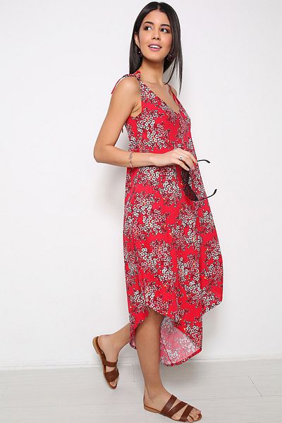 AVORWE V-Neck Asymmetrical Cut Floral Patterned Pocket Shoulder-Tied Summer Jumpsuit