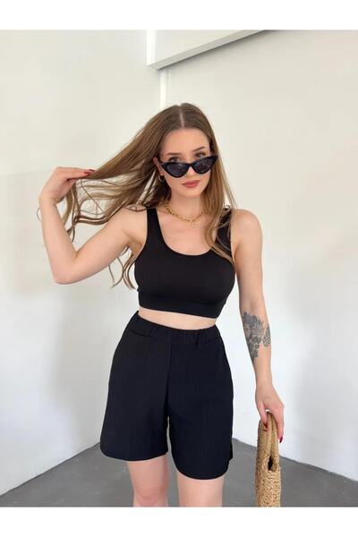 Fiti Giyim Yüksek Bel Cepli Beli Lastikli Bürümcük Şort