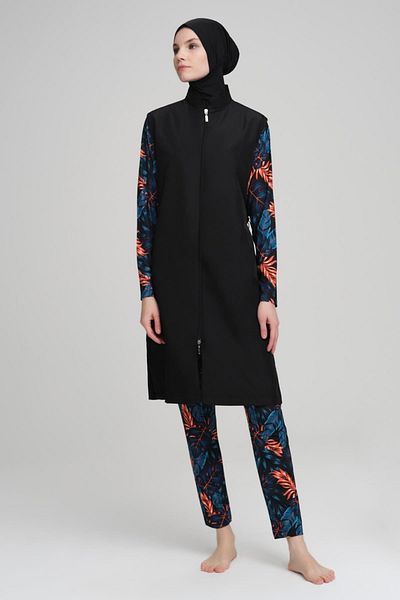 Nehar Colorful Leaf Patterned Black Jelly 3 Piece Hijab Swimsuit Set 2229