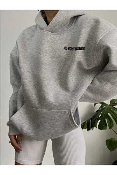 Machetta Wrst Baskılı Unisex Oversize Gri Kapüşonlu Sweatshirt