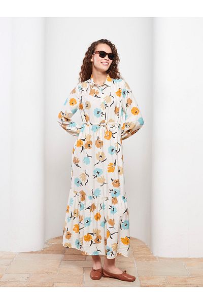 LC Waikiki Langärmliges Damenkleid mit Hemdkragen und Muster