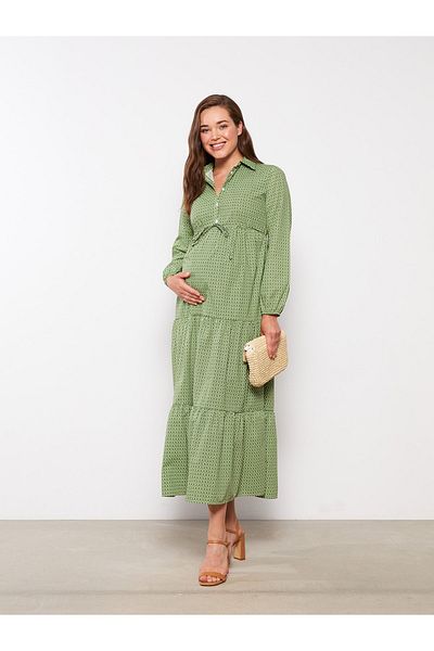 LC Waikiki Umstandskleid mit Hemdkragen und Blumenmuster und langen Ärmeln