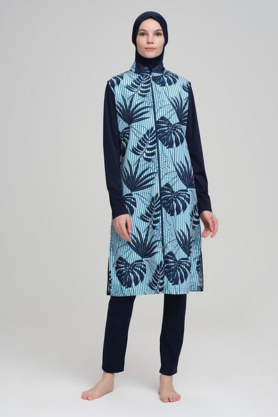 Nehar Blue Line Patterned Navy Blue Jelly 3 Piece Hijab Swimsuit Set 2211