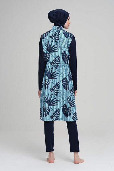Nehar Blue Line Patterned Navy Blue Jelly 3 Piece Hijab Swimsuit Set 2211