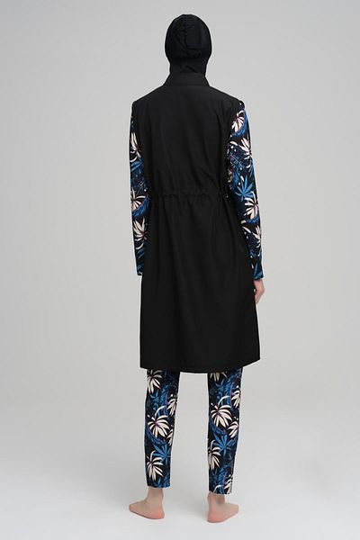 Nehar Blue Leaf Patterned Black Jelly 3 Piece Hijab Swimsuit Set 2226