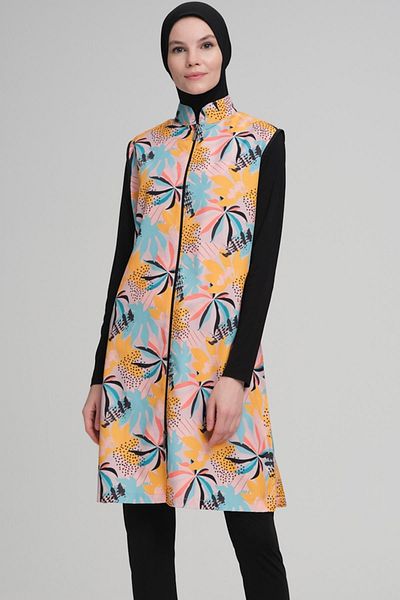 Nehar Pastel Palm Patterned Black Jelly 3 Piece Hijab Swimsuit Set 2207