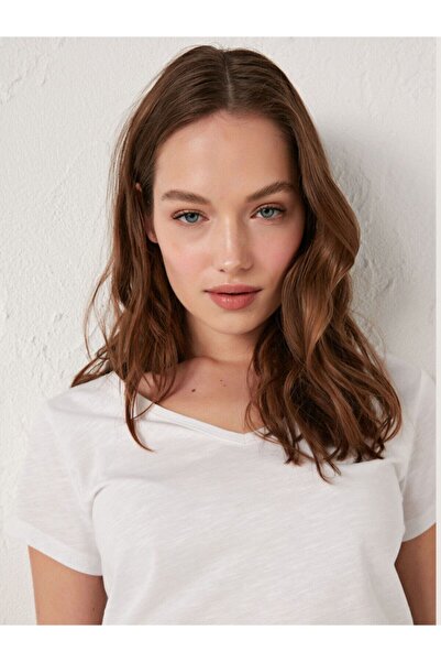 LC Waikiki Women's White T-Shirt V-Neck Solid Short Sleeve Basic from Your Fashion Style