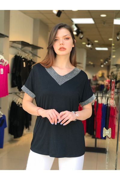 citycenterfashion Women's Plus Size V Neck Black Blouse Collar Sleeve Silver Glitter Cty-xyn-101