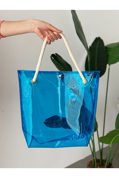 KIRASE Geantă de plajă și cumpărături pentru femei, albastru neon, semi-transparentă
