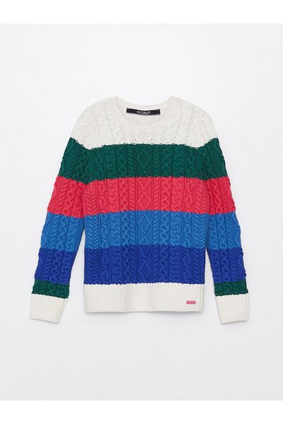 LC Waikiki Strickpullover mit Rundhalsausschnitt, Farbblock und langen Ärmeln für Mädchen