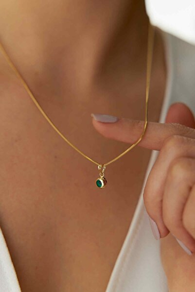 YAVUZ KUYUMCULUK 14 Ayar Altın Oval Balık Sırtı Yeşil Göz Kolye