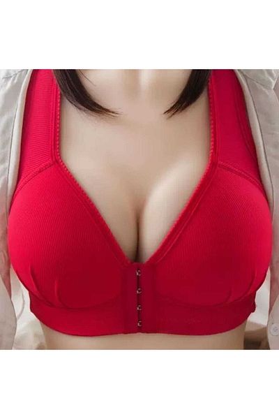 Magic Love Women's Red No Underwire Front Clasp Gathering Soft Textured Bra