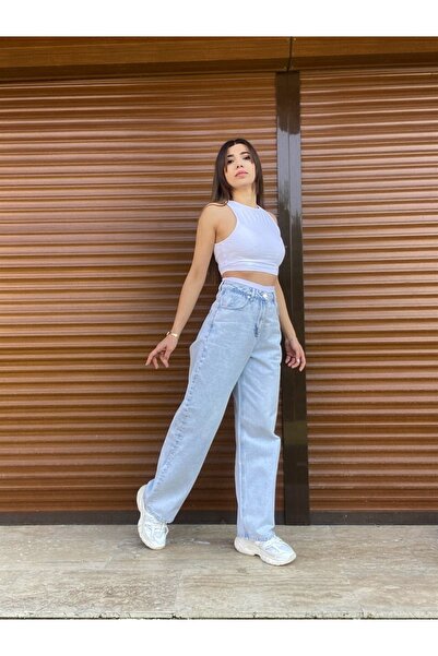 ByCukurovaFrango Ela 90's Blue Snow Wash Lycra Super vysoký pas Volné džíny Palazzo Pantolonfrango