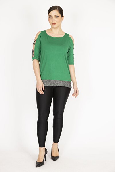 Şans Women's Green Large Size Shoulder Low-cut Glitter Garnished Blouse 65n36181