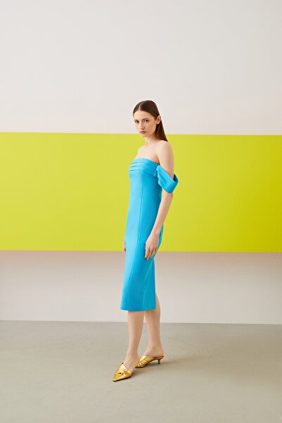 Jus De Pommes Mavi Straplez Drapeli Tek Düşük Kollu Midi Boy Elbise