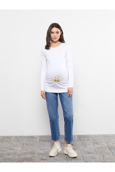 LC Waikiki Bedrucktes, langärmliges Umstands-T-Shirt aus Baumwolle mit Rundhalsausschnitt