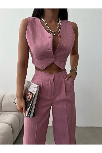 JaNef Kadın Keten Çizgili Palazzo Pantolon Yelek Takım-mg
