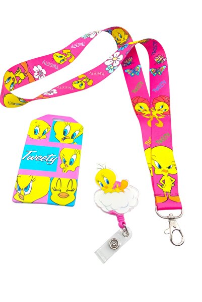 CİCCİBİCCİSHOP Twety Pembe Boyun Askı Ipi,kart Tutucu Ve Yoyo Yaka Makarası