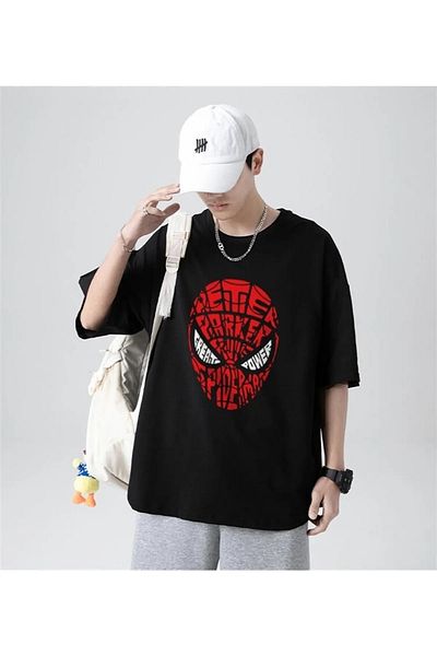Gofeel Black Color Unisex Spider Man Head Patterned Oversize T-Shirt
