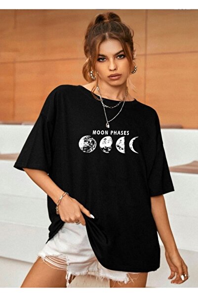 LOUİSA Tricou negru cu guler rotund cu imprimeu Moon Phases de damă