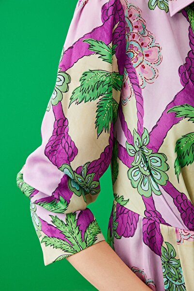 Jus De Pommes Leaf Patterned Shirt Collar Long Sleeve Maxi Dress