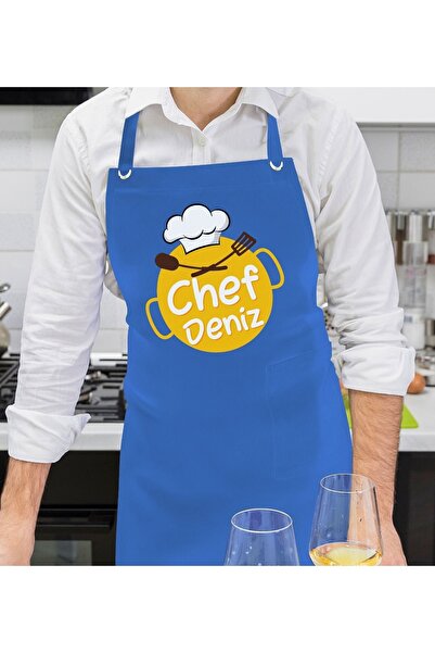 Bk Gift Kişiye Özel Isimli Chef Tasarımlı Profesyonel Saks Mavi Mutfak Önlüğü