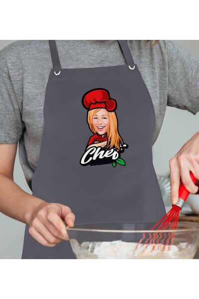 Bk Gift Kişiye Özel Kadın Chef Karikatürlü Profesyonel Antrasit Mutfak Önlüğü...