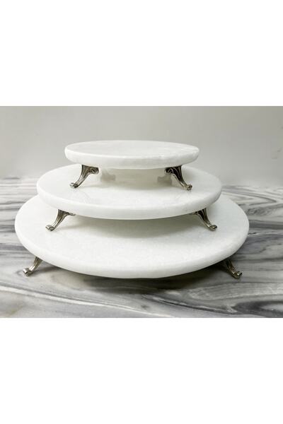 Modestmar Natural Plain White Marble Round 3-Piece Presentation Set Silver Foot Plain White
