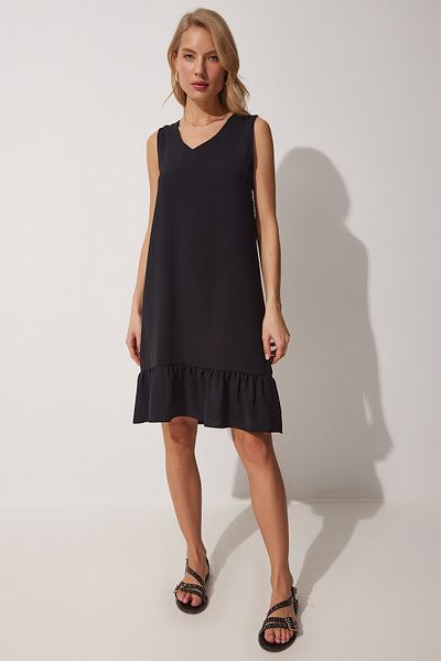 Happiness İstanbul Women's Black V-neck Flounce Summer Woven Dress CR00409