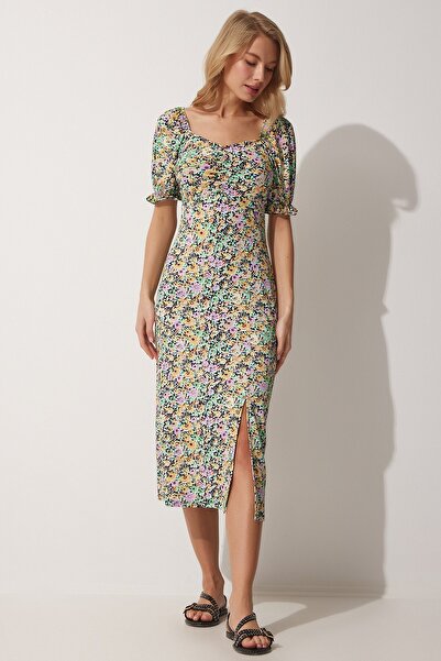 Happiness İstanbul Sárga fekete Carmen galléros női ruha - MC00172