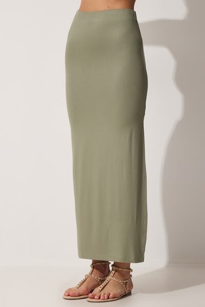 Happiness İstanbul Női khaki hasított, Midi viszkóz kötött szoknya UB00072