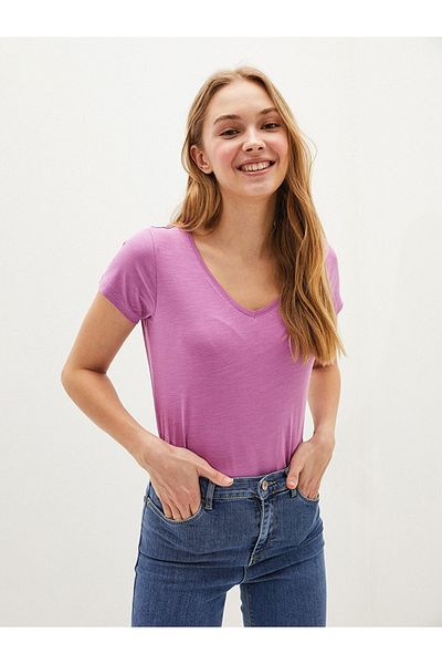 LC Waikiki Tricou de damă violet deschis, cu decolteu în V, cu mâneci scurte, de bază, din stilul tău de modă