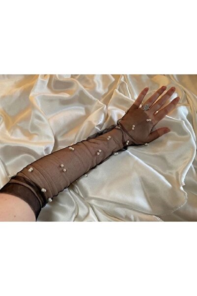 JetDukkan Mănuși de rochie de seară fără degete din tul perlat negru