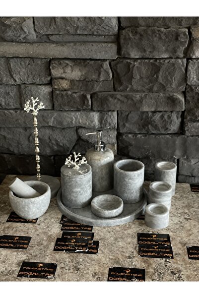 Polen Stone Gri Mermer 10,lu Set. Banyo Seti, Kâğıt, Havluluk ,havan 3,lü Mumluk