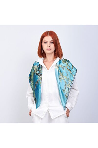 Nomads Felt %100 Ipek Fular Eşarp | 90 Cm | Turkuaz Van Gogh Badem Ağacı |