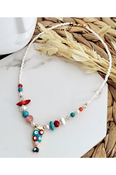 HALHALMILL Kadın Nazar Boncuklu Balık Sallantılı Kolye