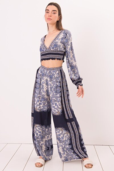 FASHION COCKTAIL Βισκόζη Καλοκαιρινό Ελαστικό Παντελόνι με Αυθεντικό Μοτίβο Μ...